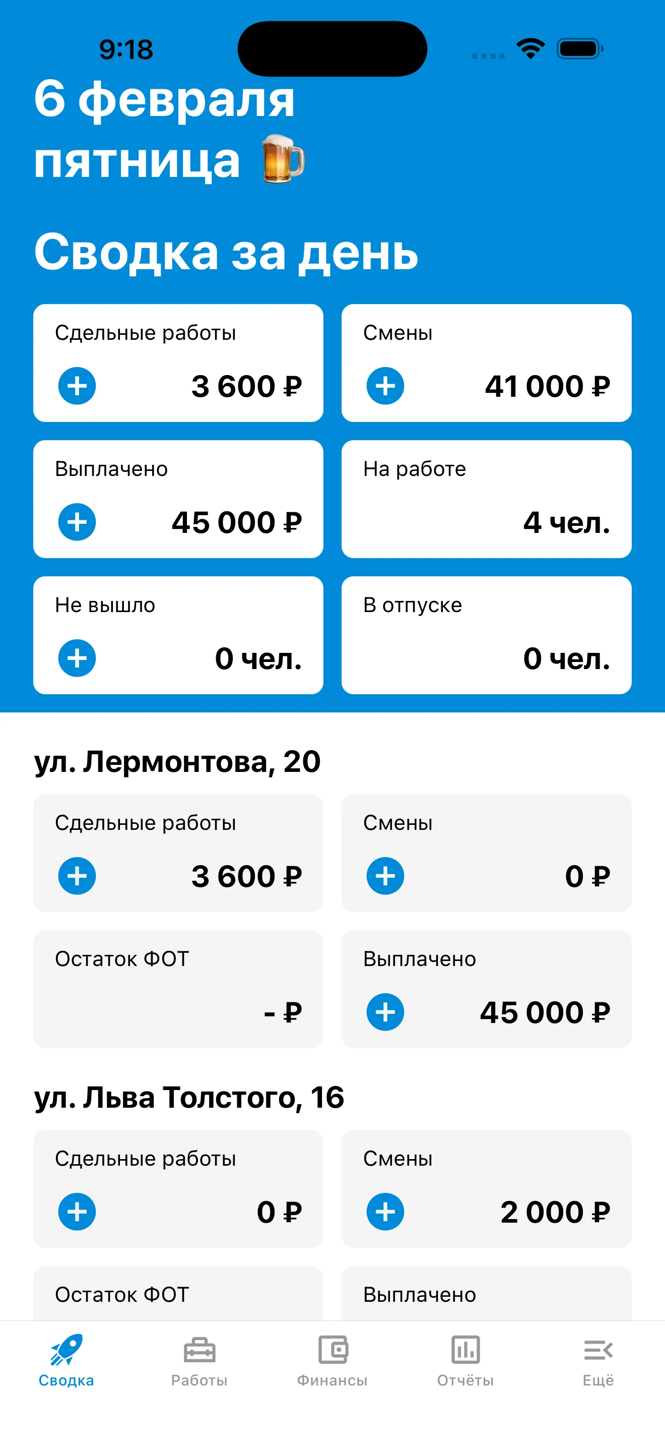 Сводка в приложении